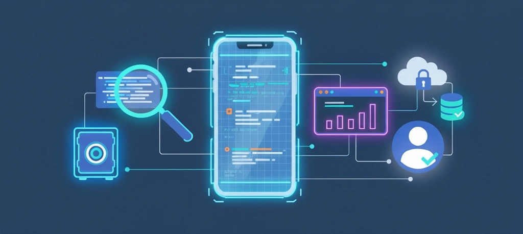 Auditoría de aplicaciones móviles: smartphone analizado con iconos de seguridad, protección de datos, APIs seguras y autenticación validada – Dolbuck.