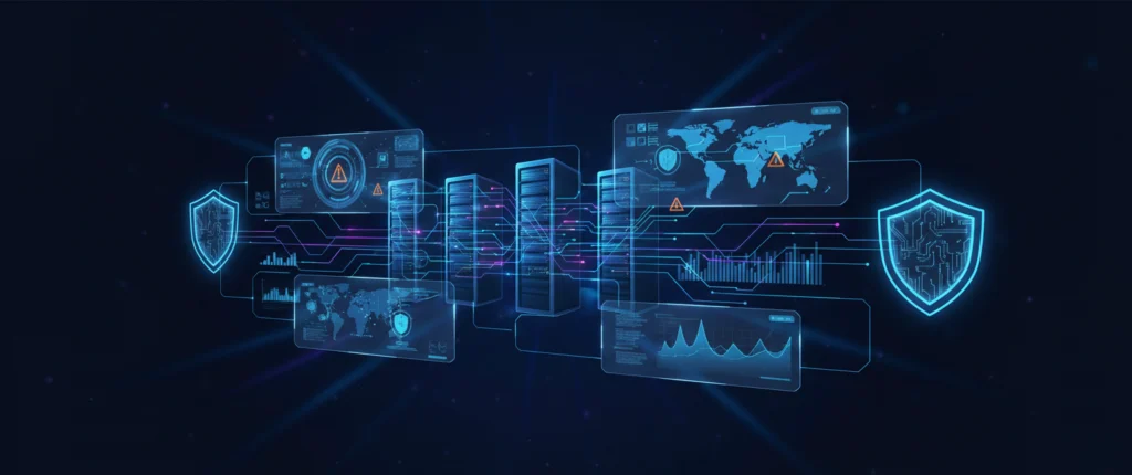 Ilustración del análisis de vulnerabilidades de Dolbuck mostrando detección de fallos, evaluación de riesgos y medidas de ciberseguridad empresarial
