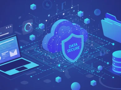 Servicio de copia de seguridad para empresas con almacenamiento en la nube, protección de datos y automatización segura, representado en estilo vectorial tecnológico.