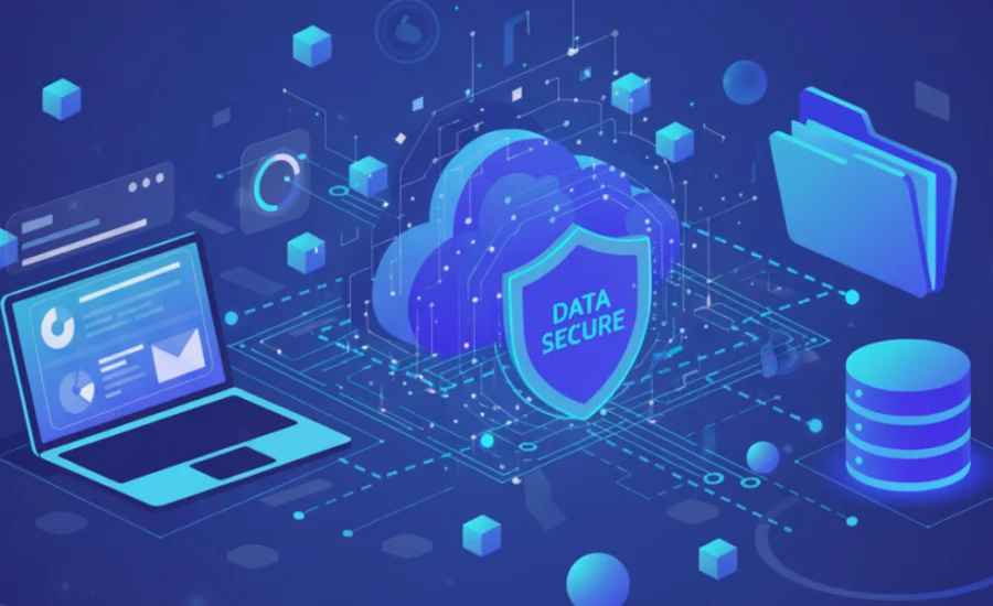 Servicio de copia de seguridad para empresas con almacenamiento en la nube, protección de datos y automatización segura, representado en estilo vectorial tecnológico.