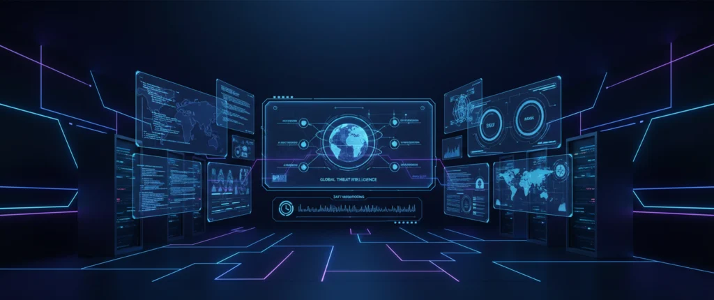 Seguridad gestionada Ilustración del servicio de seguridad gestionada de Dolbuck mostrando monitorización 24x7, inteligencia artificial y control de ciberseguridad empresarial