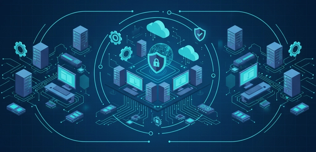 Ilustración digital del servicio de mantenimiento informático de Dolbuck, mostrando equipos, servidores y nube conectados en un entorno tecnológico que representa mantenimiento preventivo y correctivo para empresas.Ilustración digital del servicio de mantenimiento informático de Dolbuck, mostrando equipos, servidores y nube conectados en un entorno tecnológico que representa mantenimiento preventivo y correctivo para empresas.