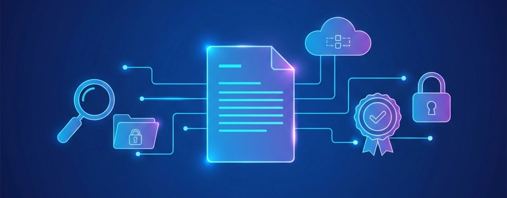 Ilustración digital de perito forense de documentos analizando autenticidad de archivos con elementos de ciberseguridad y verificación digital. Dolbuck.