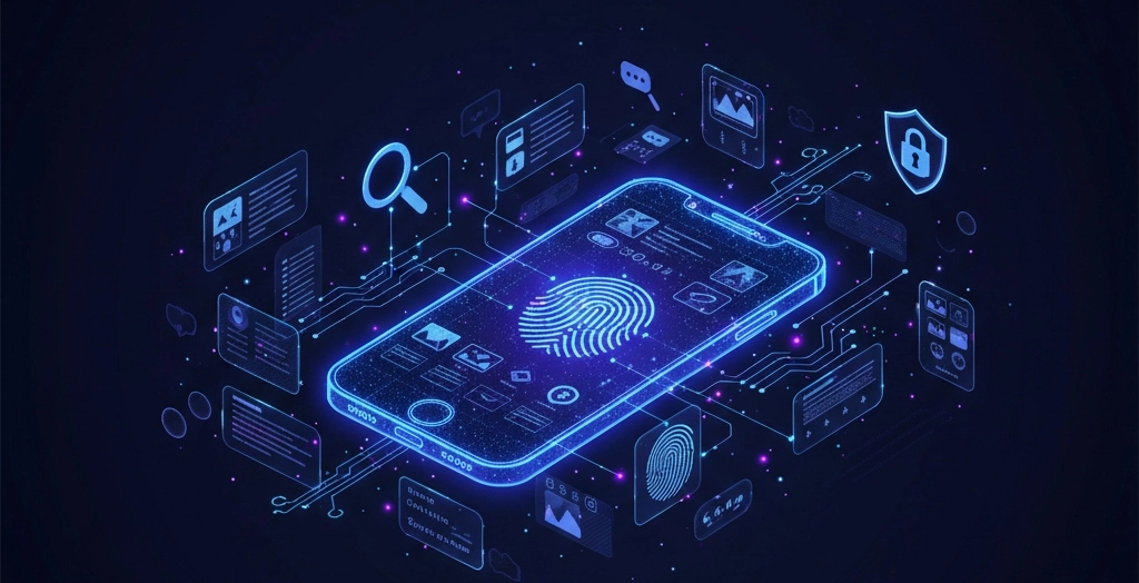Peritaje de Teléfono Móvil Ilustración digital de peritaje de teléfono móvil con análisis forense, recuperación de datos y certificación de evidencias digitales. Dolbuck Ciberseguridad.