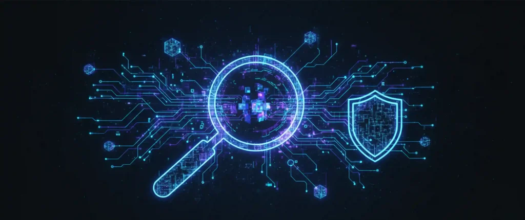 DFIR (Análisis forense de incidencias de seguridad) Ilustración abstracta del proceso DFIR con nodos de red, circuitos y escudo digital en tonos azul neón sobre fondo oscuro.