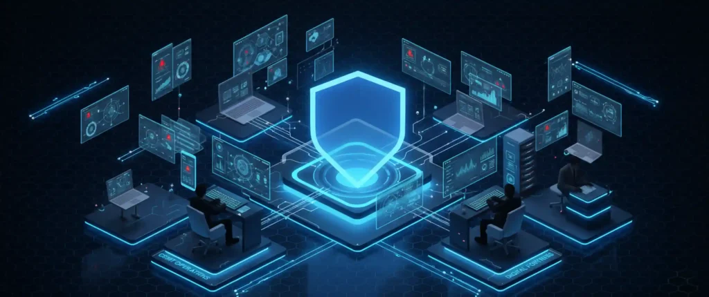 Equipo de Respuesta ante Incidentes de Seguridad Ilustración de un CSIRT gestionando incidentes de ciberseguridad con múltiples dispositivos conectados y un escudo digital central representando la protección de datos empresariales.